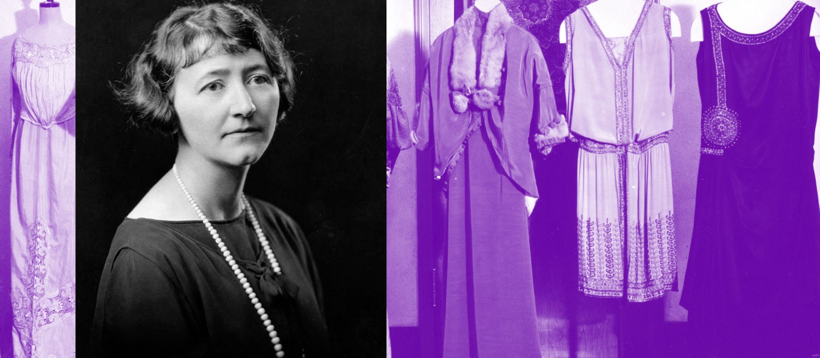 portrait of a woman with a purple tinted image of clothes on mannequins in the background